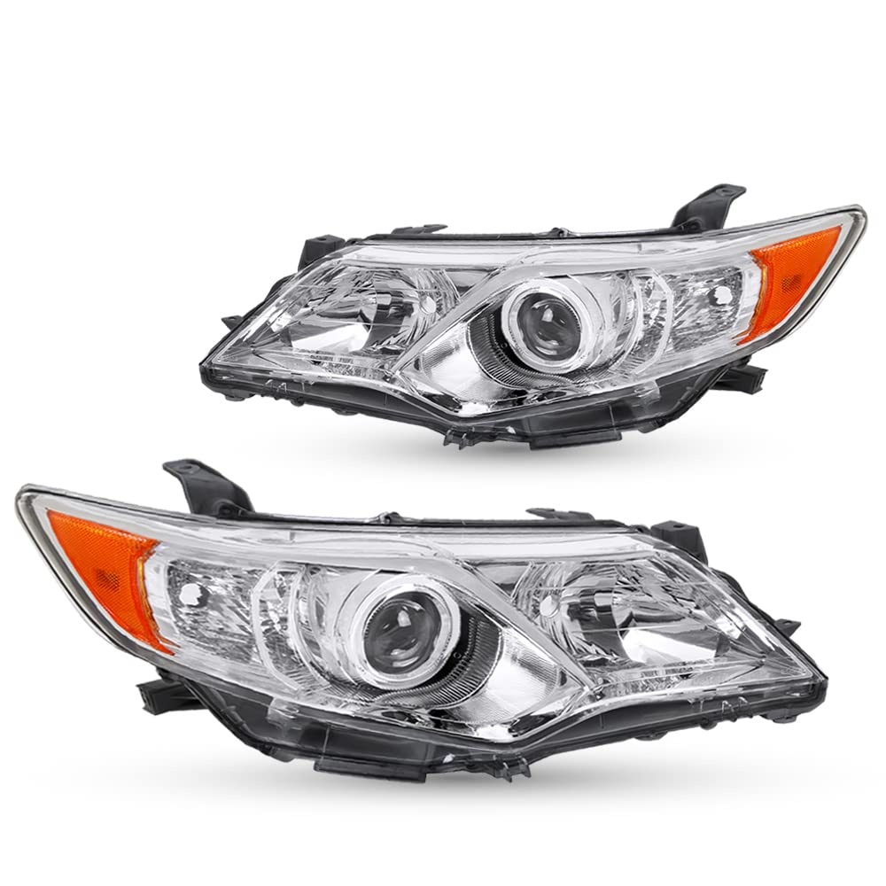 Projector Headlight Assembly Set for 12-14 Toyota Camry L/Le/Xle/Hybrid/SE Driver Passenger Side (Chrome Housing with Amber Reflector)