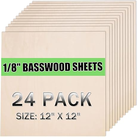 24 Pack 12"x12"x1/8" Unfinished Basswood Sheets for Laser Engraving