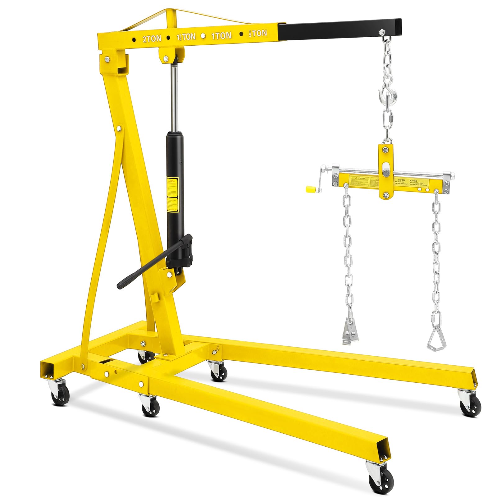 2 Ton Hydraulic Engine Hoist with Leveler, Folding Mobile Shop Crane Cherry Picker with Adjustable Booms &amp; 6 Lockable Casters, Compact Engine Crane for Garage Workshop, Yellow
