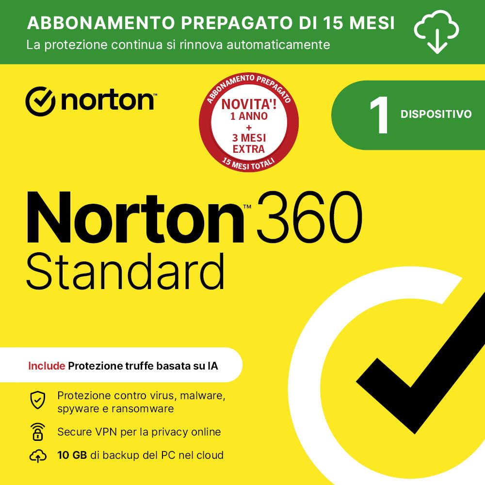 Norton 360 Standard 2025| Antivirus 1 dispositivo|15 mesi rinnovo automatico|Digital Download