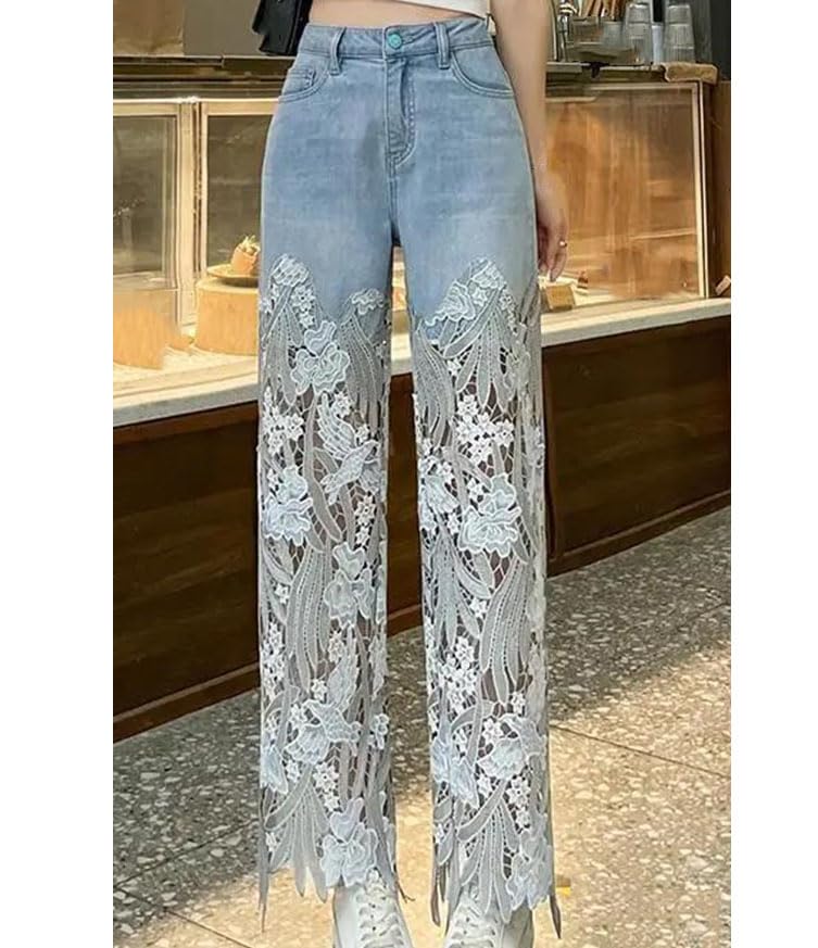 Fashion Lace Patchwork Hollow Out Jeans for Women Summer Casual Loose Straight Denim Pants2