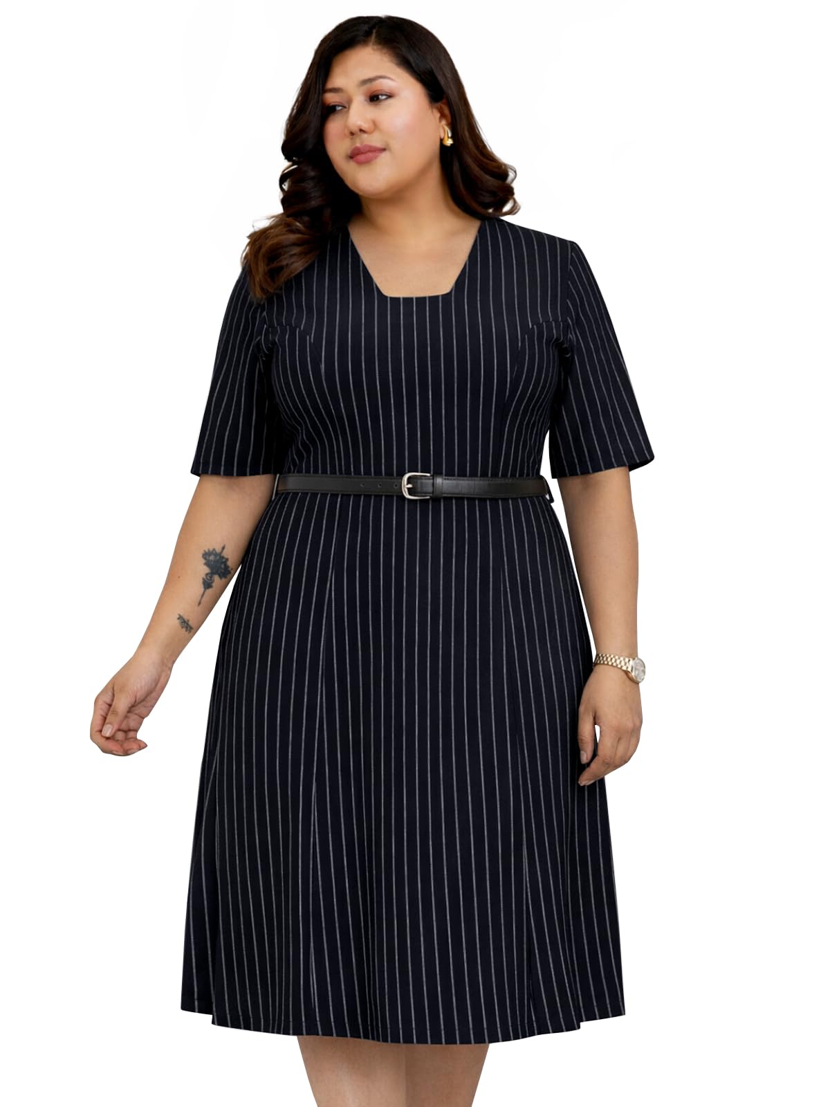 wild u Plus Size Formal Dress | Waist Belt | Below Knee Lenth | Stretchable | Office Wear | Striped (Navy Blue, 3XL-8XL)-picture-36