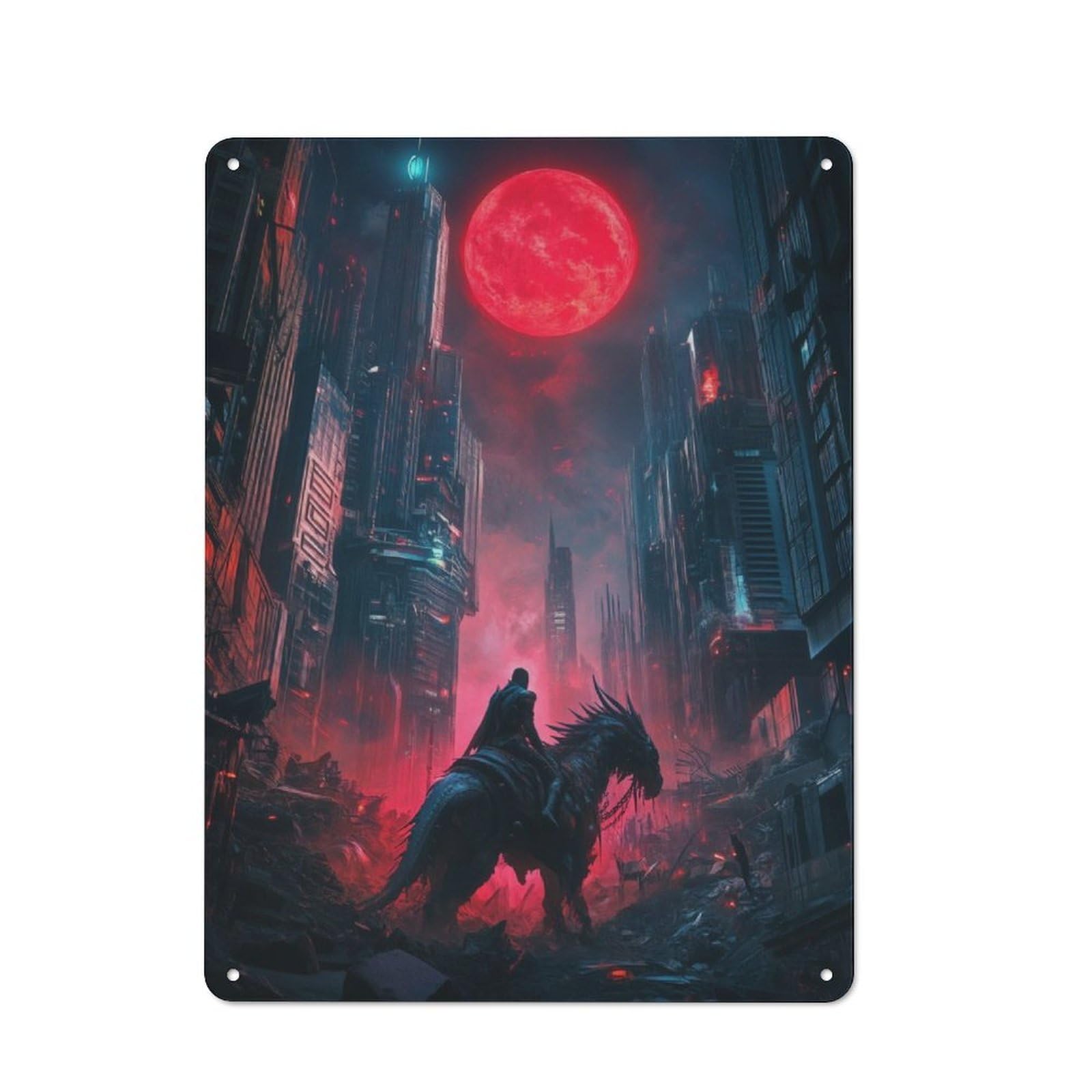 Junmoney Dragon Rider In Cityscape Metal Wall Sign 40X30cm Featuring For Pub Or Café, For Kitchen, Dining Room And Home Bar Wall Decor