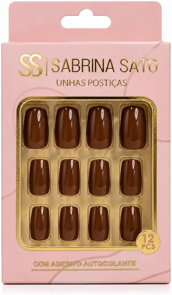 Unhas Postiças Sabrina Sato 12 Peças com Adesivo Autocolante, Acabamento Brilhante, Aplicação Prática para Rotina de Beleza
