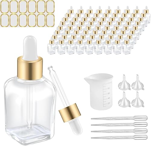 Yoken Botellas cuentagotas de vidrio de 1 oz, paquete de 72 botellas cuadradas transparentes para aceites esenciales, líquidos, botella gotero a