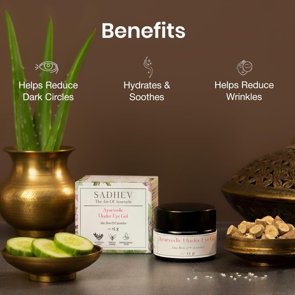 Sadhev Under Eye Gel | Aloe Vera, Cucumber & Rose | Reduces Dark Circles, Wrinkles & Puffiness | Natural Ayurvedic Hydrating Eye Gel | All Skin Types | 15g 2