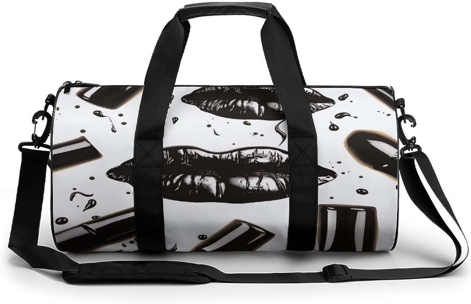 Aesthetic Sports Bag for Women Cool Black Lipstick Lips Printed Duffle Travel Bag for Men Women Mini Workout Bags Cylindrical Gym Bag