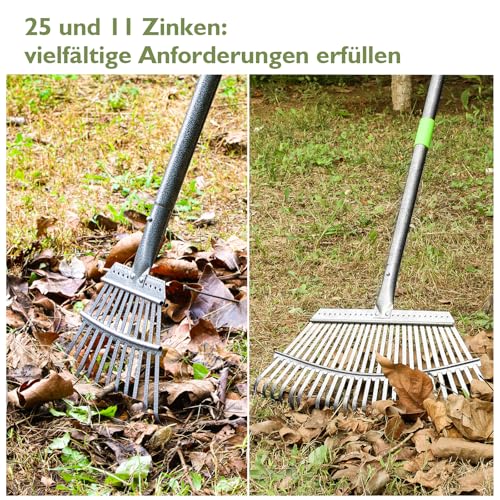 ZHJAN Rechen Garten,25+11 Zinken Laubrechen mit Stiel Metall, Verstellbarer Stiel (70-185 cm),Schwerlast Laub,Gartenharke für Laub, Rasen, Boden,inkl. 2 Handschuhe