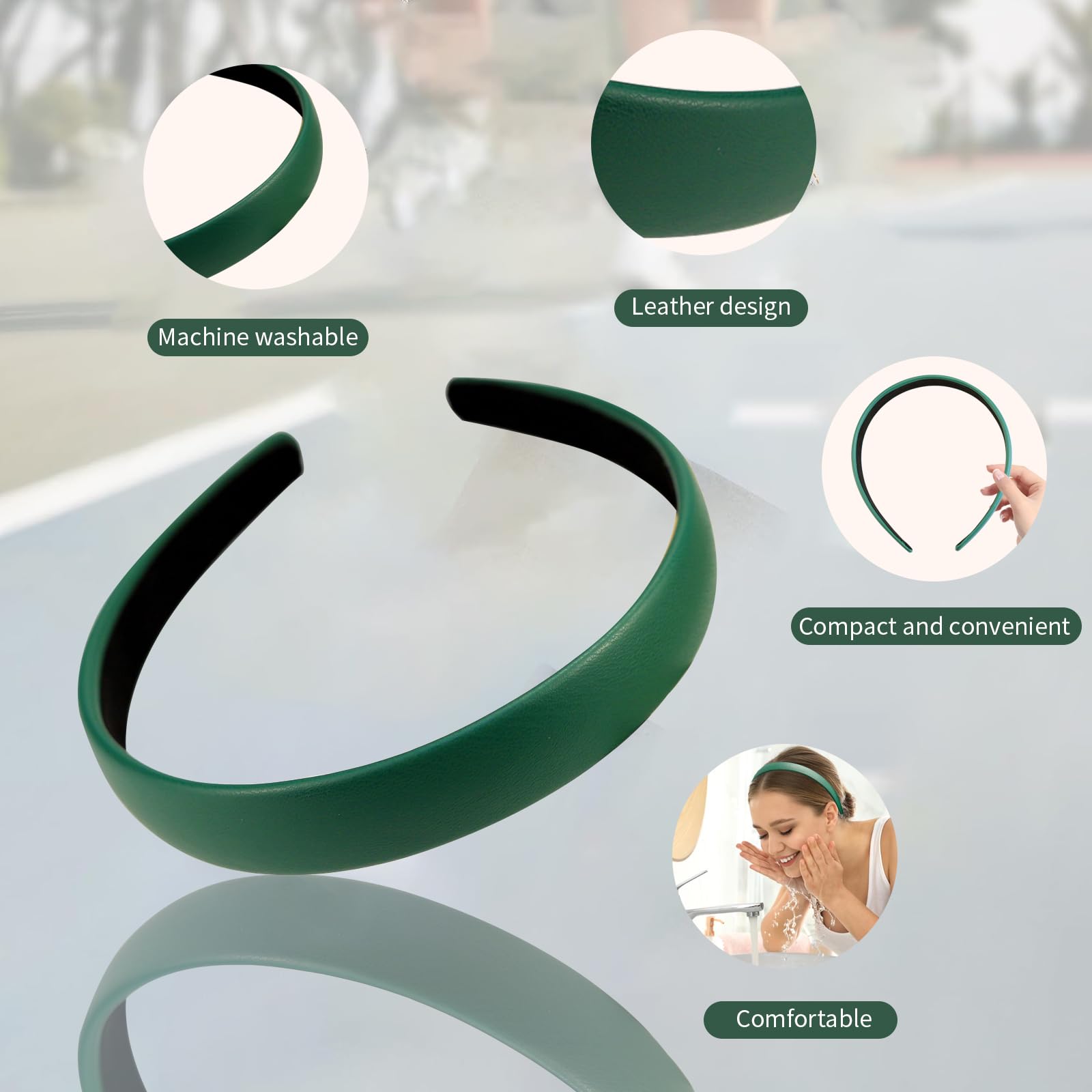 Ptrin PU Headband,0.8 Inch Wide Satin Headbands for Women's Hair,Non Slip Solid Hair Bands Hair Accessories Cosplay DIY Holiday Head Band,4 Pack(PU leather+white+green+black+red) - Image 3