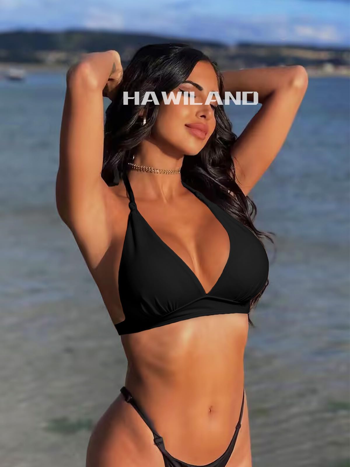 HAWILAND Push Up Bikini Oberteil Damen Sportlich Neckholder Bikini Top Retro Sexy Bikini mit Schnürung abnehmbaren Pads