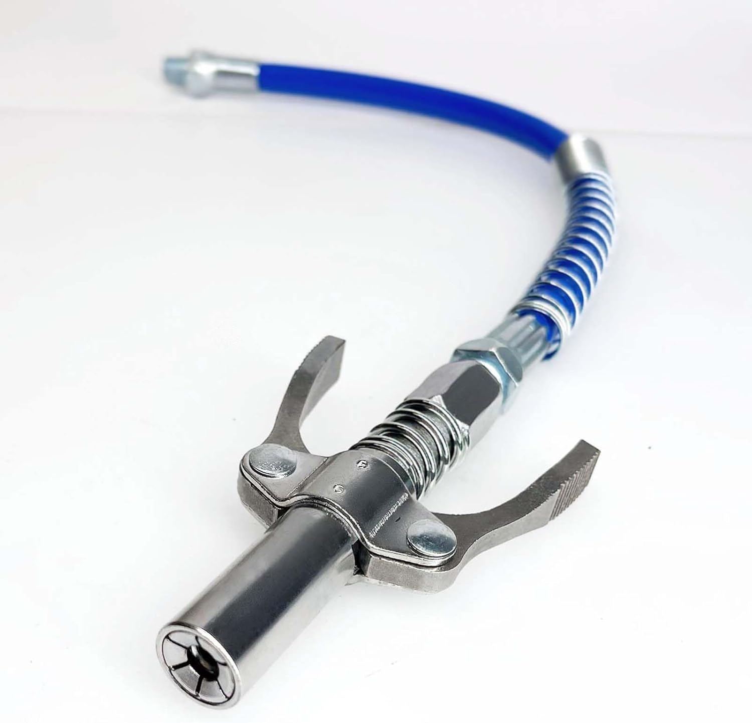 Professional Pneumatic Grease Gun Coupler with Quick Lock Release, 12 Inch Flexible Hose, Double Handle Design, Six Petal Lock Mechanism