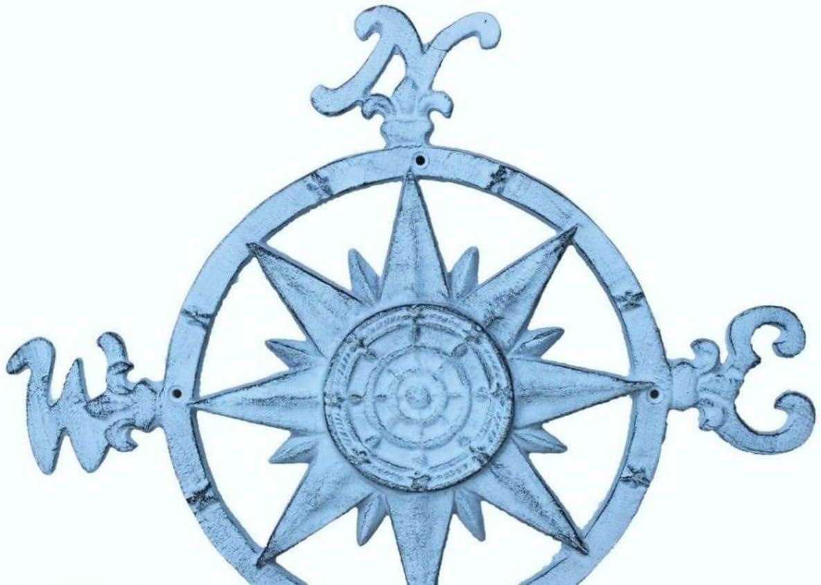 Rustic Dark Blue Whitewashed Cast Iron Large Compass 19 Inch - Navigation Compass - Nautical Theme