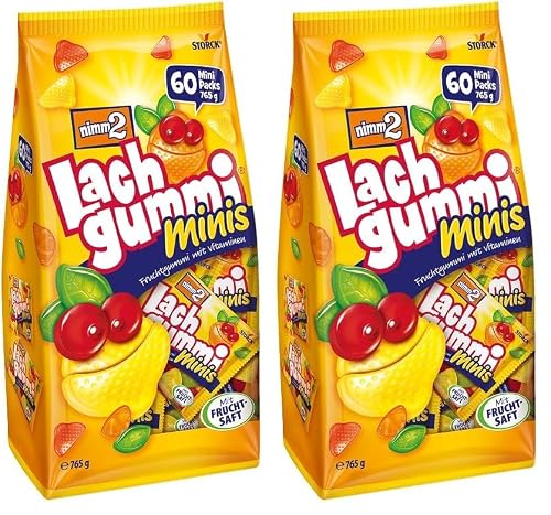 nimm2 Lachgummi Minis Beutel – 1 x 765 g (60 Mini Packs) – Fruchtgummi mit Fruchtsaft und Vitaminen – Einzeln verpacke Süßigkeiten-Tütchen (Packung mit 2)