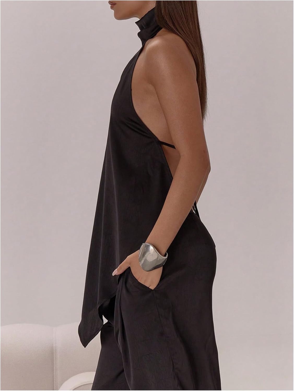 Women's Sexy Satin Asymmetrical Tops Y2K Halter Going Out Tops Mock Neck Flowy Open Back Tank - Image 4