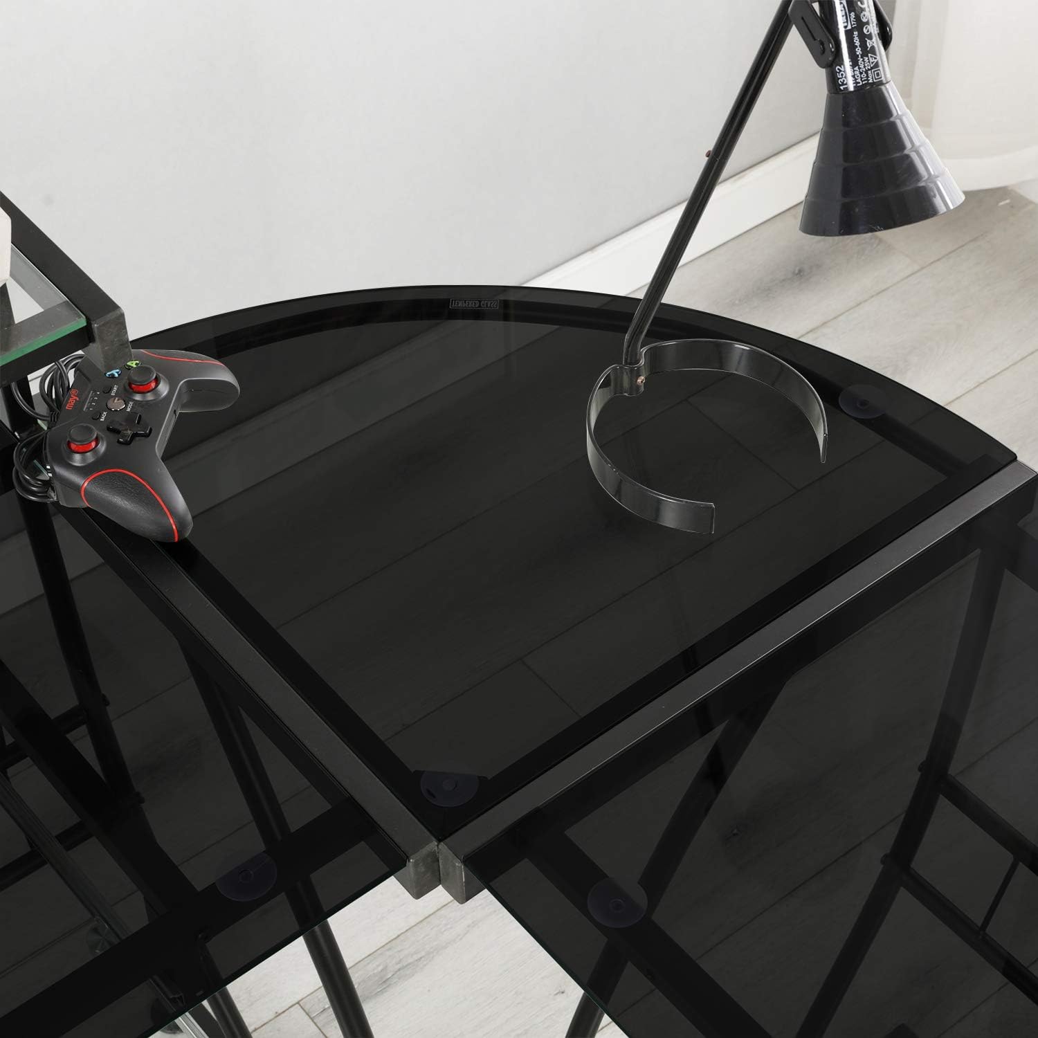soges L Shaped Desk Computer Desk Tempered Glass Corner Desk Gaming Table PC Table Workstation with Keyboard Tray, Black DX-403C-XBK