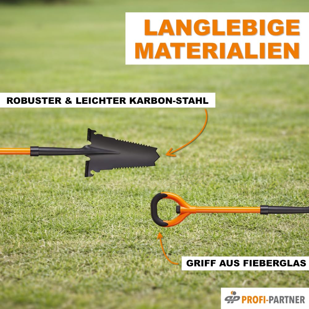 Spaten mit Wurzelsäge - Spitze aus Karbonstahl mit scharfen Zähnen, Griff aus Fieberglas, Integrierter Maulschlüssel & Flaschenöffner, 114 cm, Zerlegbar, Orange und Schwarz