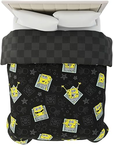 Franco Collectibles - Ropa de cama de Bob Esponja con pantalones cuadrados, edredón reversible de microfibra, súper suave y acogedor, tamaño Queen,