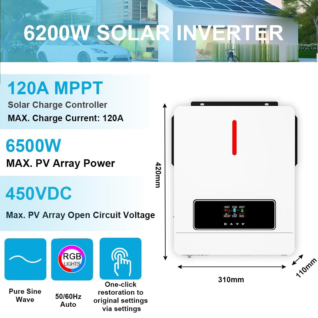 Aetherion Onduleur solaire hybride de 6,2 kW, onduleur à onde sinusoïdale pure, pour connexion au réseau et hors réseau, avec sortie de 48 V CC à 220 V CA, pour sauvegarde domestique et systèmes hors