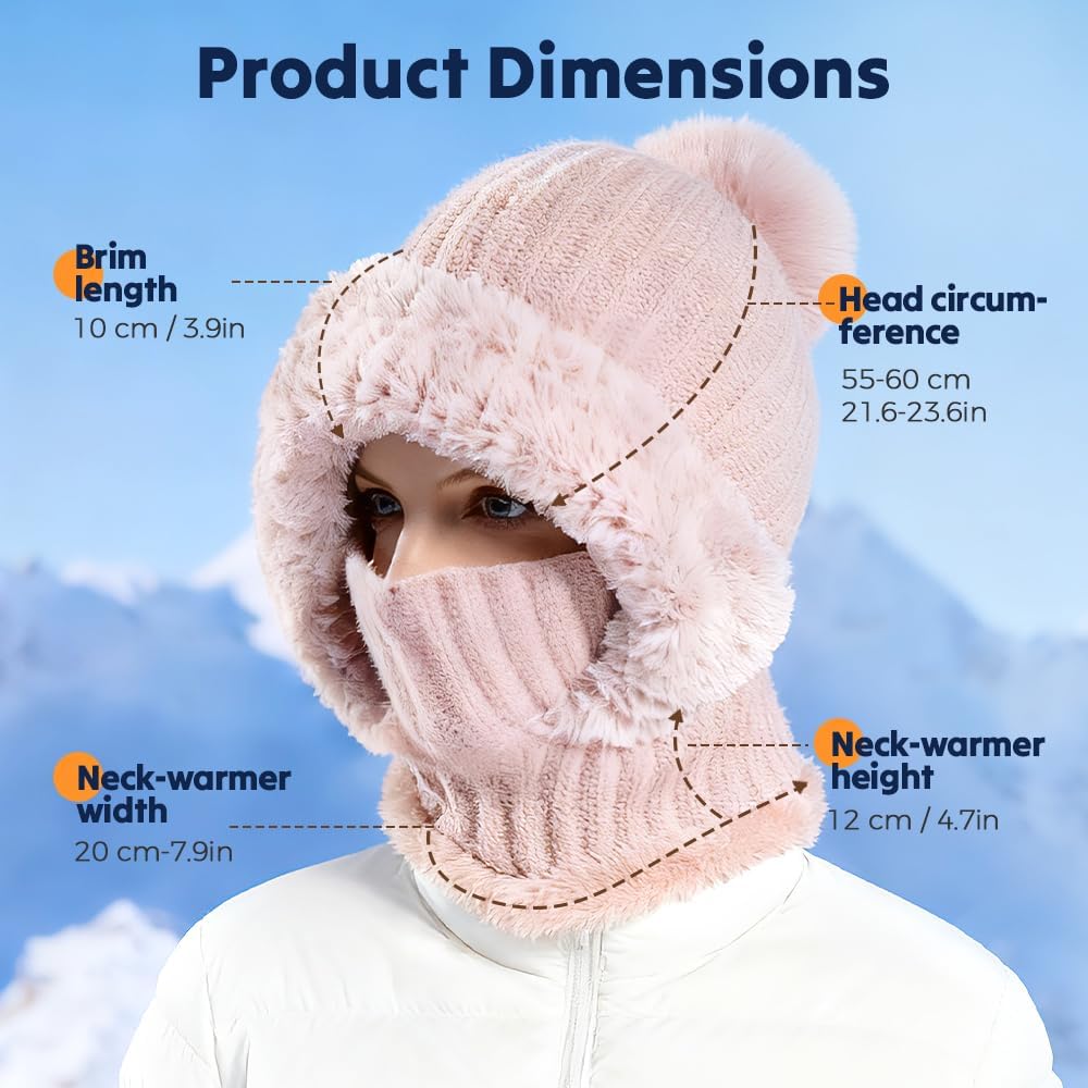 3 in 1 Beanie Hat with Scarf and Mask, Women's Outdoors Windproof Scarf Hat, Knitted Ski Mask Set