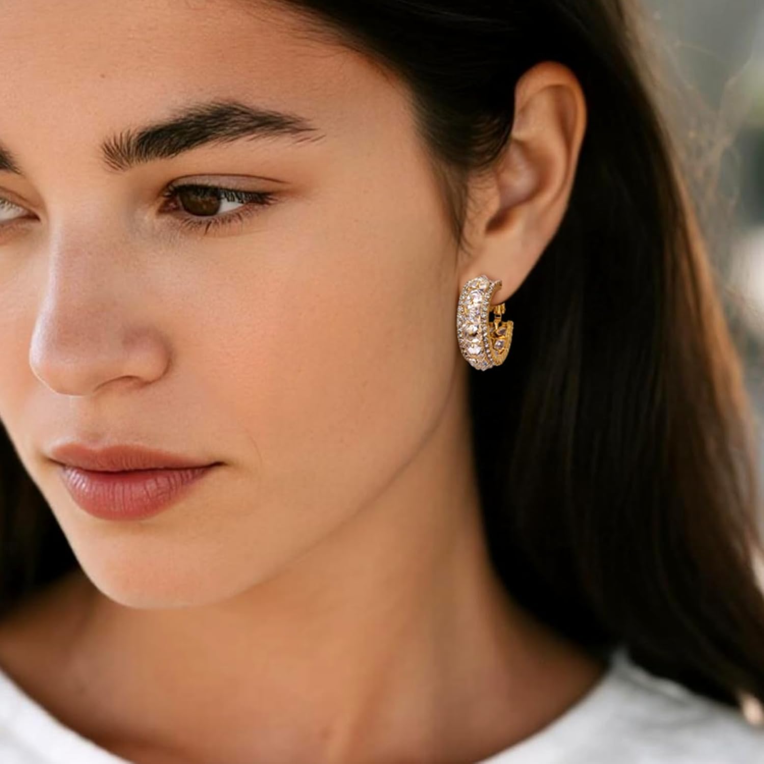 Sonateomber Gold Chunky Hoop Earrings for Women, Trendy Sparkly Cubic Zirconia Rhinestone Crystal Hinged Earings Prom Wedding Accessories Fashion Jewelry Gift - Image 2