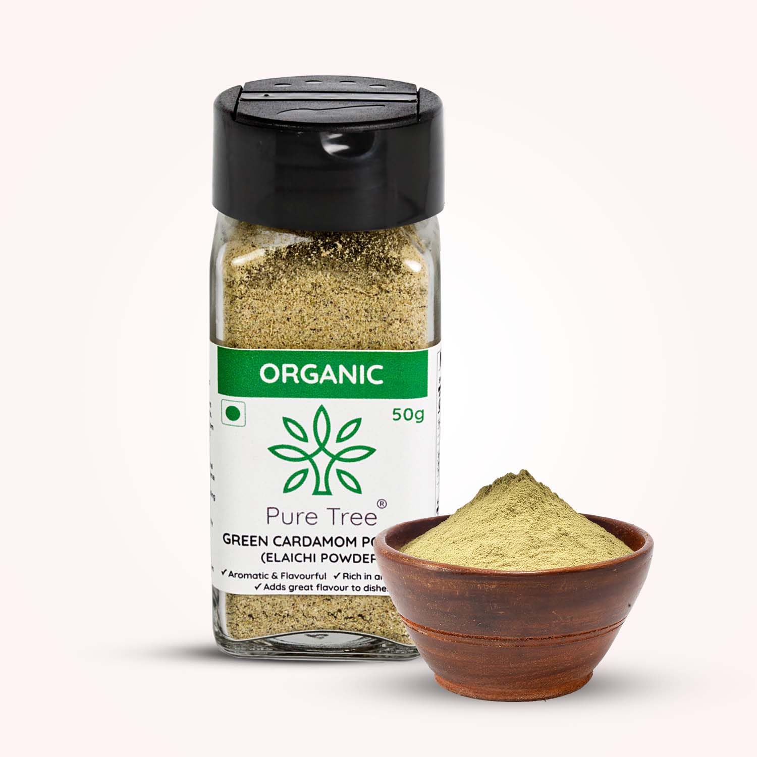 Certified Organic Green Cardamom Powder | 50 g | Glass Jar | Hari Elaichi Powder | Elaichi Powder