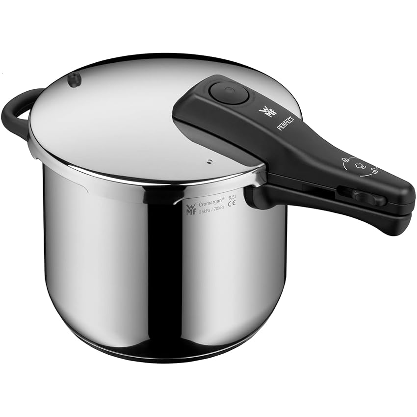 WMF Perfect - Pentola a pressione a induzione, 6,5 l, grande segnale di cottura, 2 livelli di cottura, manico con coperchio rimovibile, acciaio INOX Cromargan