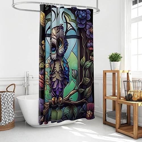 Miniatura 4 de Cortina de ducha divertida con diseño de búho para baño, vidrio manchado, set de accesorios de baño con hongos, decoración de primavera, acuarela,