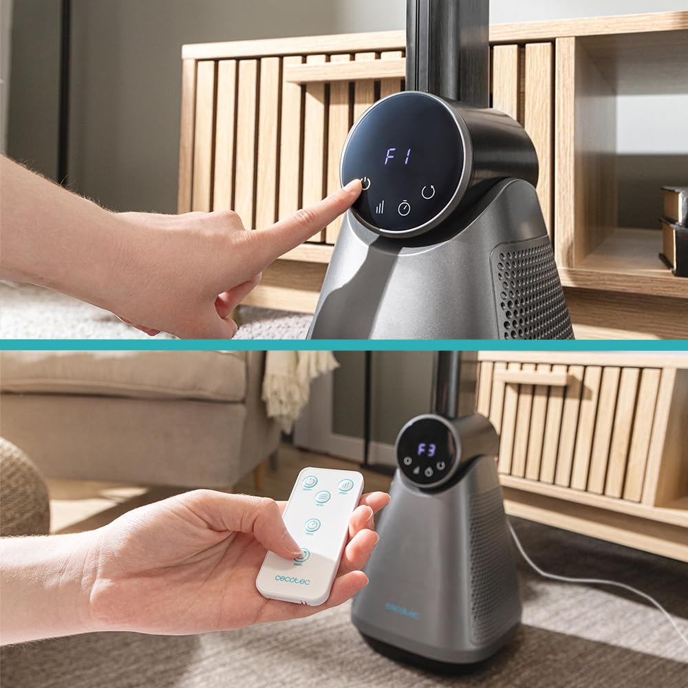 Cecotec - Ventilatore a Torre EnergySilence 9890 Skyline Bladeless Dark senza pale 100 cm, 50W, touch screen LED, telecomando, 3 modalità, 3 velocità, timer 15 ore, oscillazione 40º, Acciaio Base Nera