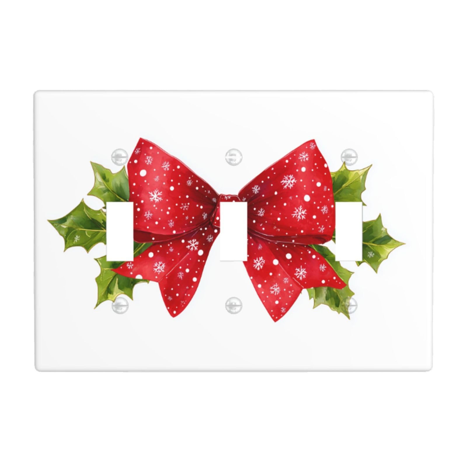 Woshuwo White Christmas Holly Red Bow With Snowflakes Light Switch Covers 3 Gang Triple Toggle Wall Plate Switchplate Electrical Faceplate For Bathroom Kitchen Bedroom Decor