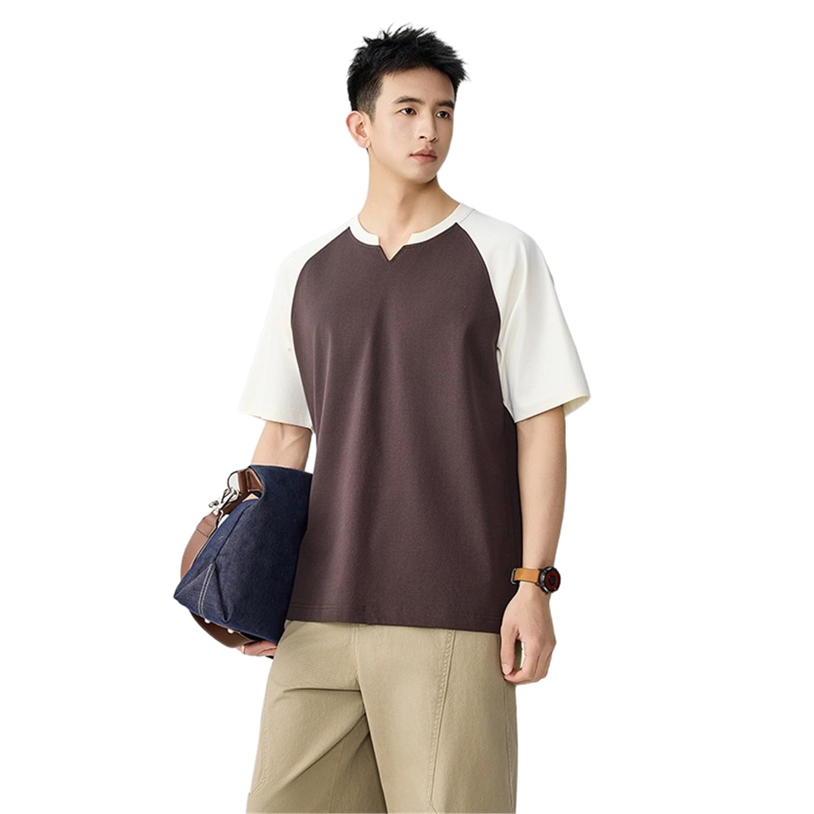 Męska koszulka Henley Vintage Letnia Retro Casual Luźny Krótki Rękaw
