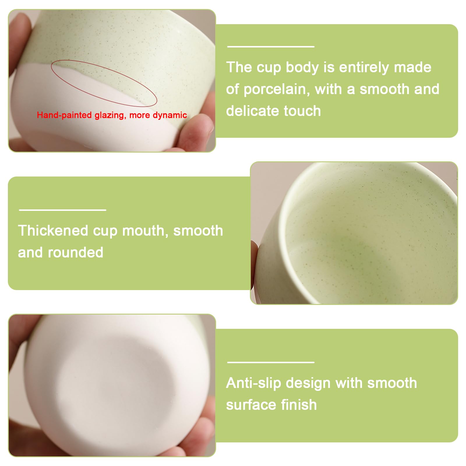 Set di 6 tazze da tè verde chiaro con gradiente, 150 ml, in ceramica, senza manico, tazze da caffè a doppia parete, tazze smaltate