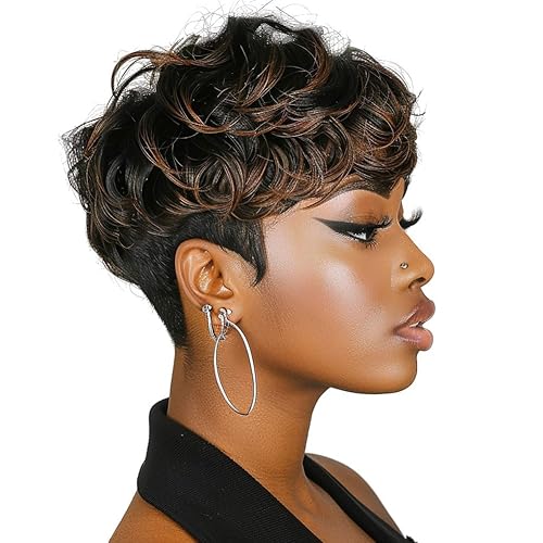 Miniatura 6 de Pelucas Pixie cortas para mujeres negras, pelucas Pixie de corte Auburn con flequillo, pelucas cortas rizadas para mujeres negras, peluca de corte