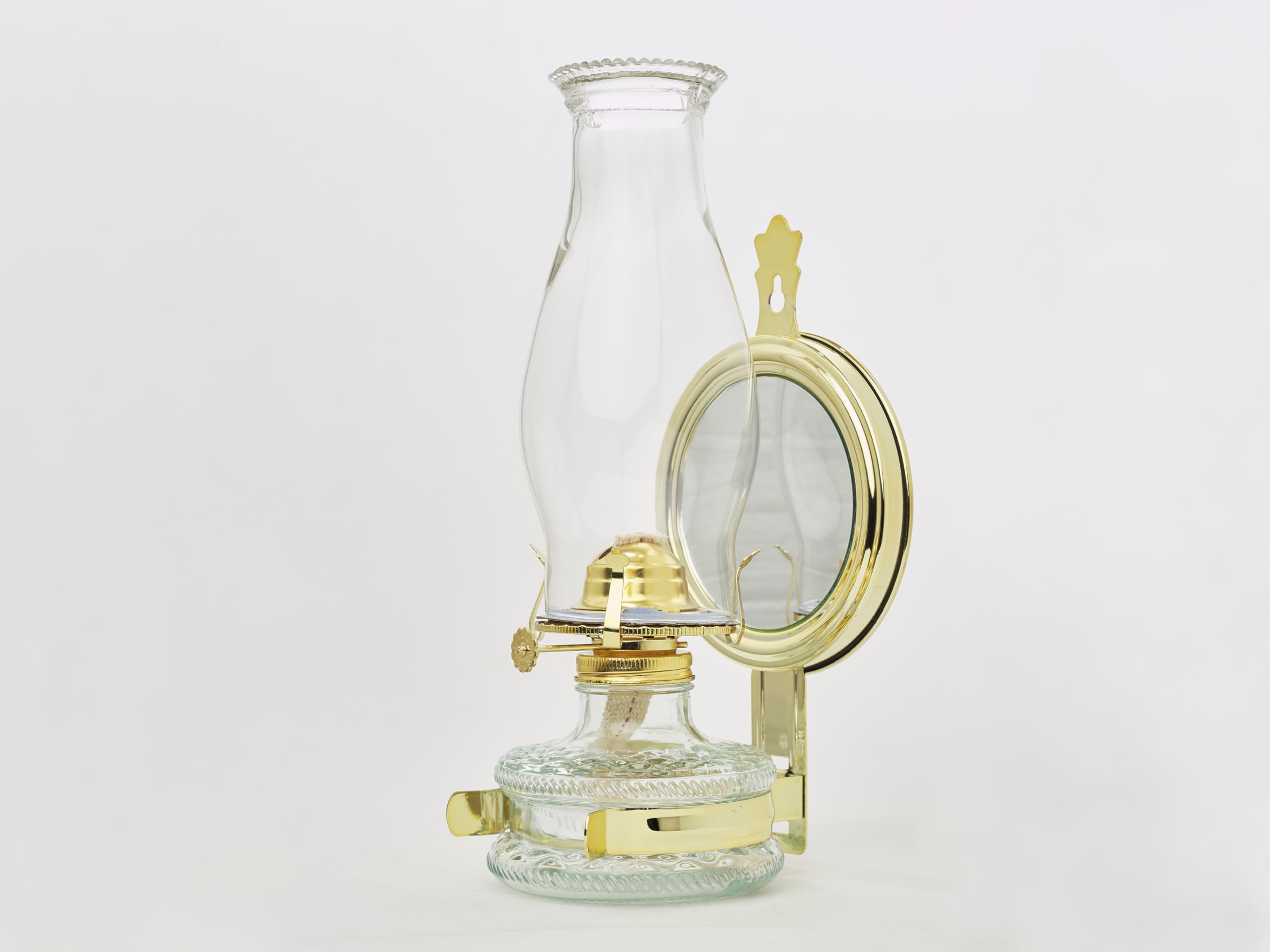 Quinque con Espejo Lampara Aceite Farol Queroseno de Cristal con Detalles en Dorado Mecha Algodón Regulador 32 cm