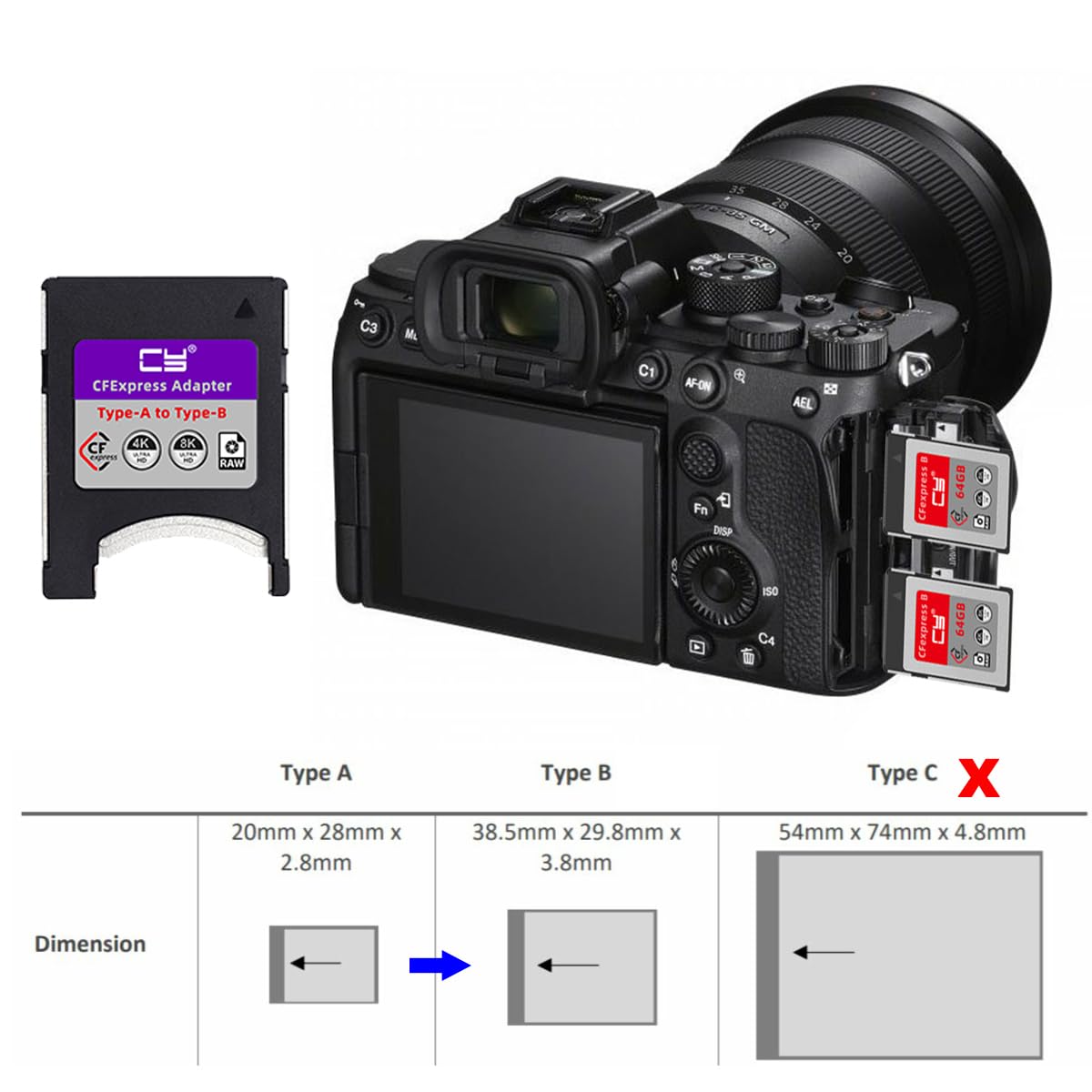 CY Kit de tarjeta de memoria CFexpress, adaptador CFE tipo A a tipo B, CFA a CFB, Compatible con cámara, expansión PCIe RAW 8K