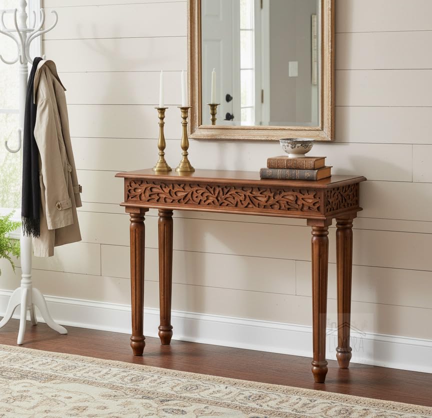 Image of Solid Wood Side Tables Console Sofa Tables End Table /Coffee Snack Console Table for Living Room, Hallway (Walnut Brown)
