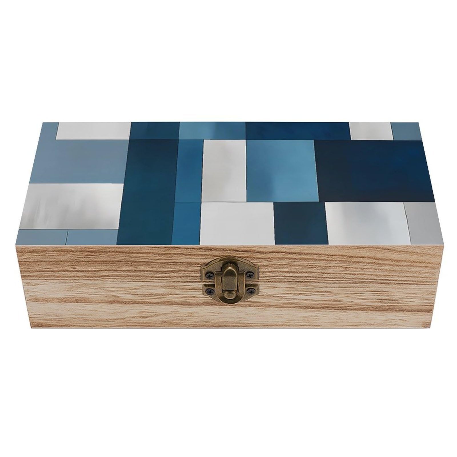 HLBSDM Blue & Grey Geometric Retro Wooden Storage Box Jewelry Art Gift Boxs Decorative Keepsake Boxes