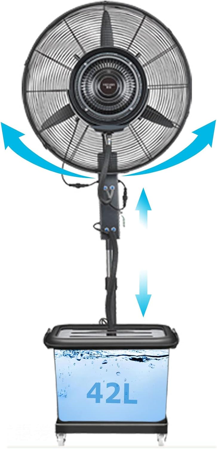 Generic Oscillating Misting Fan, Adjustable Height Cooling Fan with 3 Wind Modes Pedestal Fan for Patio, Outside Restaurant, Factory Workshop