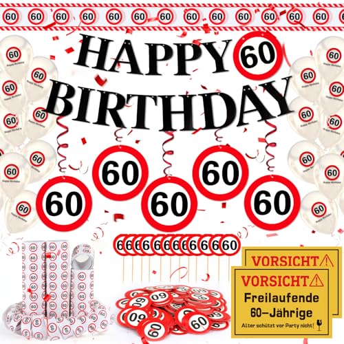 WenmthG 60 Geburtstag Deko Männer Frauen 60. Geburtstag Deko mit Girlande Luftballons Absperrband Luftschlangen Banner Konfetti Tortendeko - Verkehrsschild zum 60 Jahre 60. Geburtstagsdeko