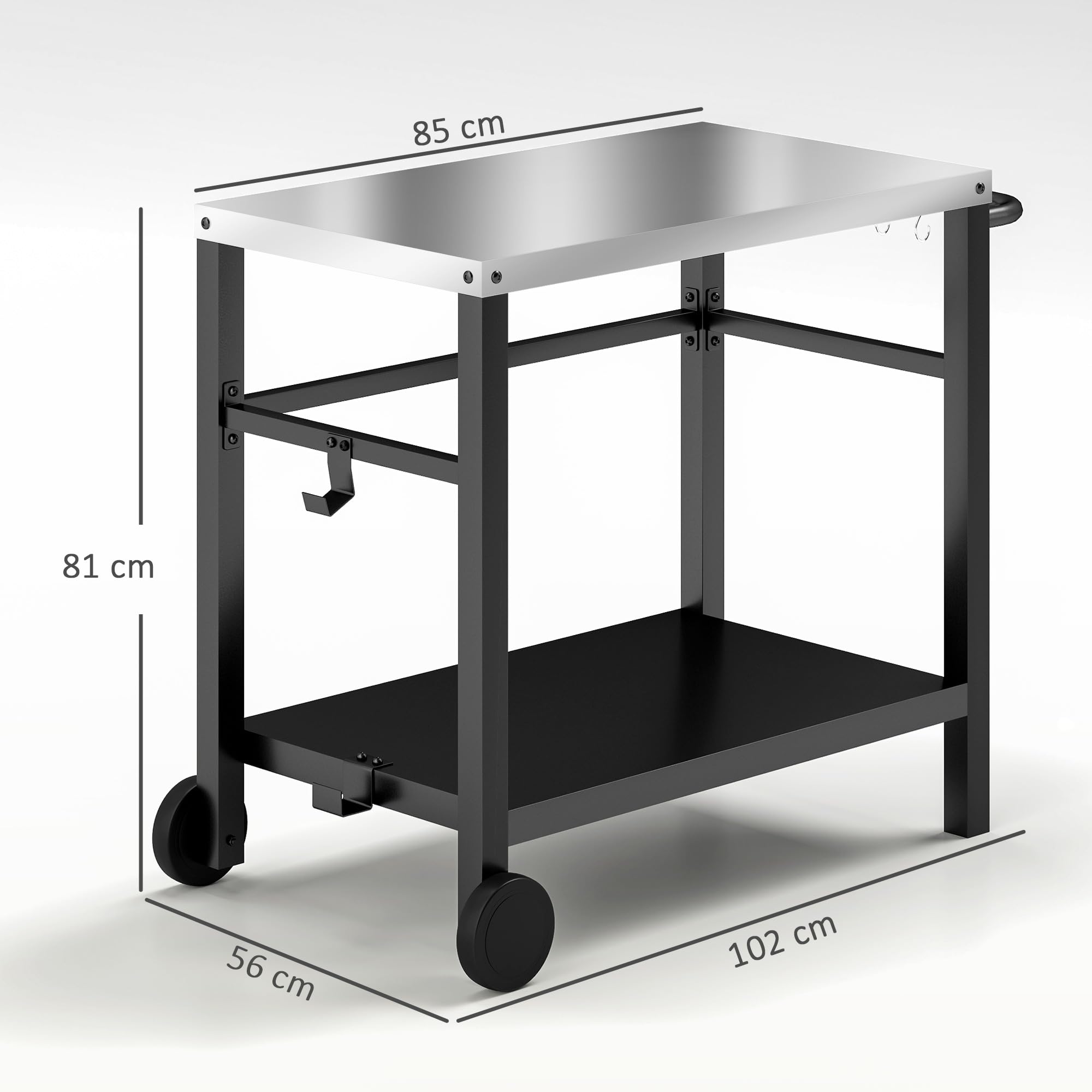 Outsunny Desserte plancha extérieure avec Plan de Travail en Acier Inoxydable, Chariot de Barbecue avec étagère, desserte de Jardin avec Crochets, Porte-Serviettes, 2 Roues, 102x50x81cm, Gris Charbon