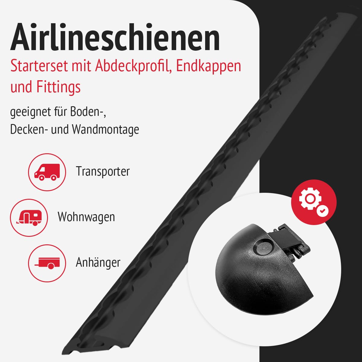 2 Airlineschienen 2m, halbrund, schwarz 8 Endkappen 8 Fittinge 4m Profile