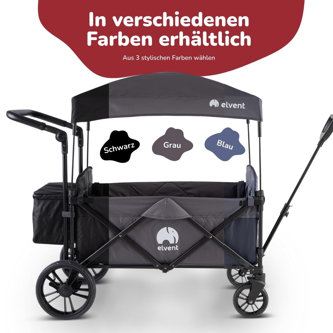 elvent® Allrounder City Bollerwagen - faltbar mit Dach | Sitzpolster, Hecktasche, Feststellbremse, 5-Punkt-Gurt I 2 Kinder (Schwarz)