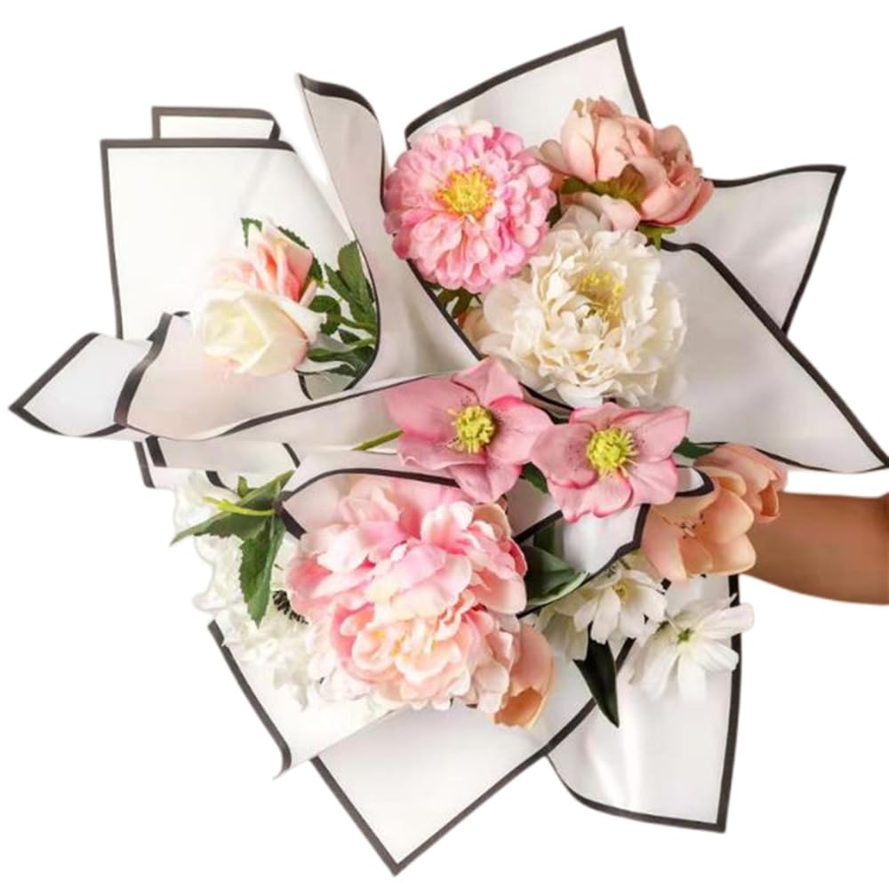 20 stuks zwarte rand witte bloem inpakpapier, waterdicht Valentijnsdag boeket inpakpapier 53 x 53 cm voor doe-het-zelf ambachten, bloemist boeket verpakking