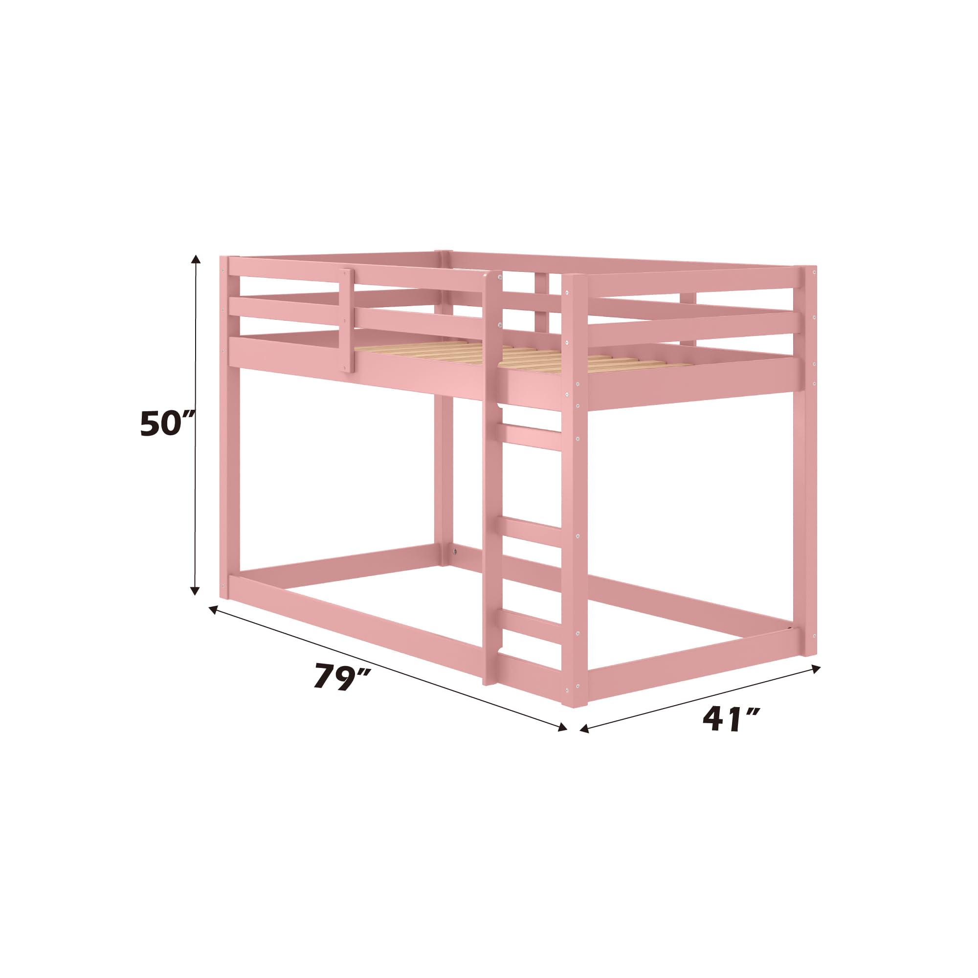 KT Rolster Wooden Loft Bed Twin Size, Kids Bed with Guardrail and Safety Ladder, Toddler Loft Bed Twin with Sturdy Wood, Bedroom Furniture for Kid Dorm Girls Boys, Space-Saving, Pink