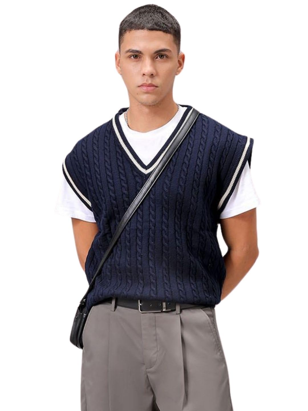 Men Acrylic Oversized Textured V-Neck Sweater