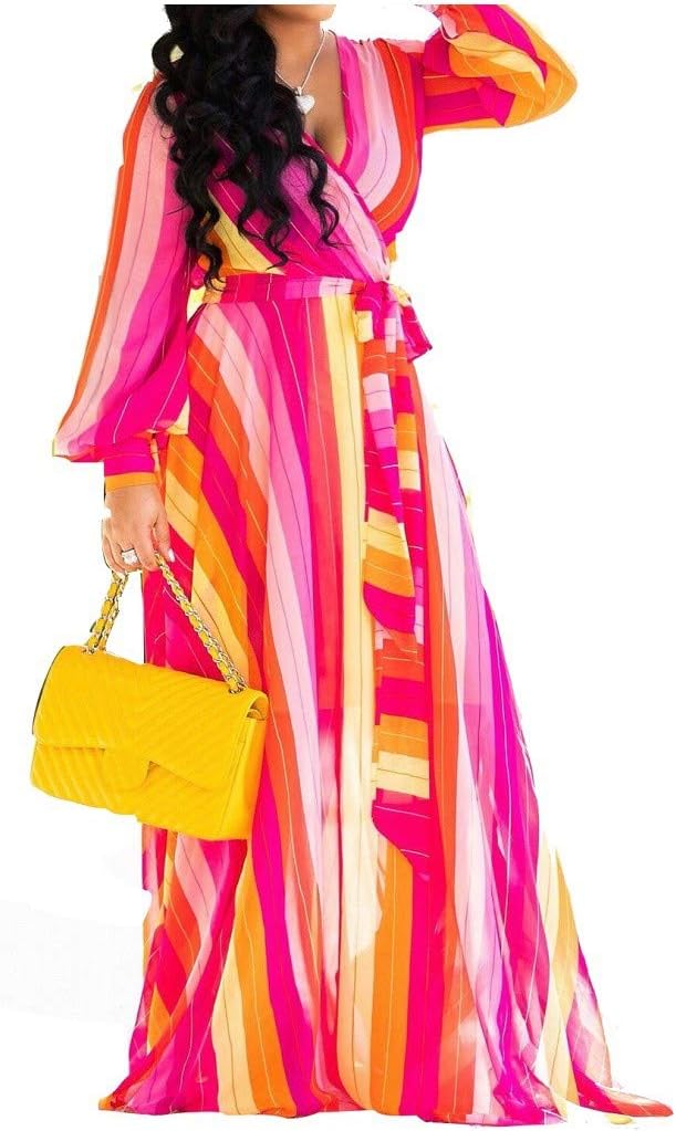 lvenzse Womens Maxi Dress Boho Chiffon Floral Printed Long Party Dresses Plus Size with Belt (S-5XL)