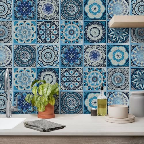 Azulejos Adhesivos Cocina 15x15 cm Mandala Retro Azul Suelo Vinilo Autoadhesivo Impermeable Baldosas Adhesivas Pared Muebles Decorativos Quitar y Pegar Vinilos Baño Azulejos (12 Piezas)