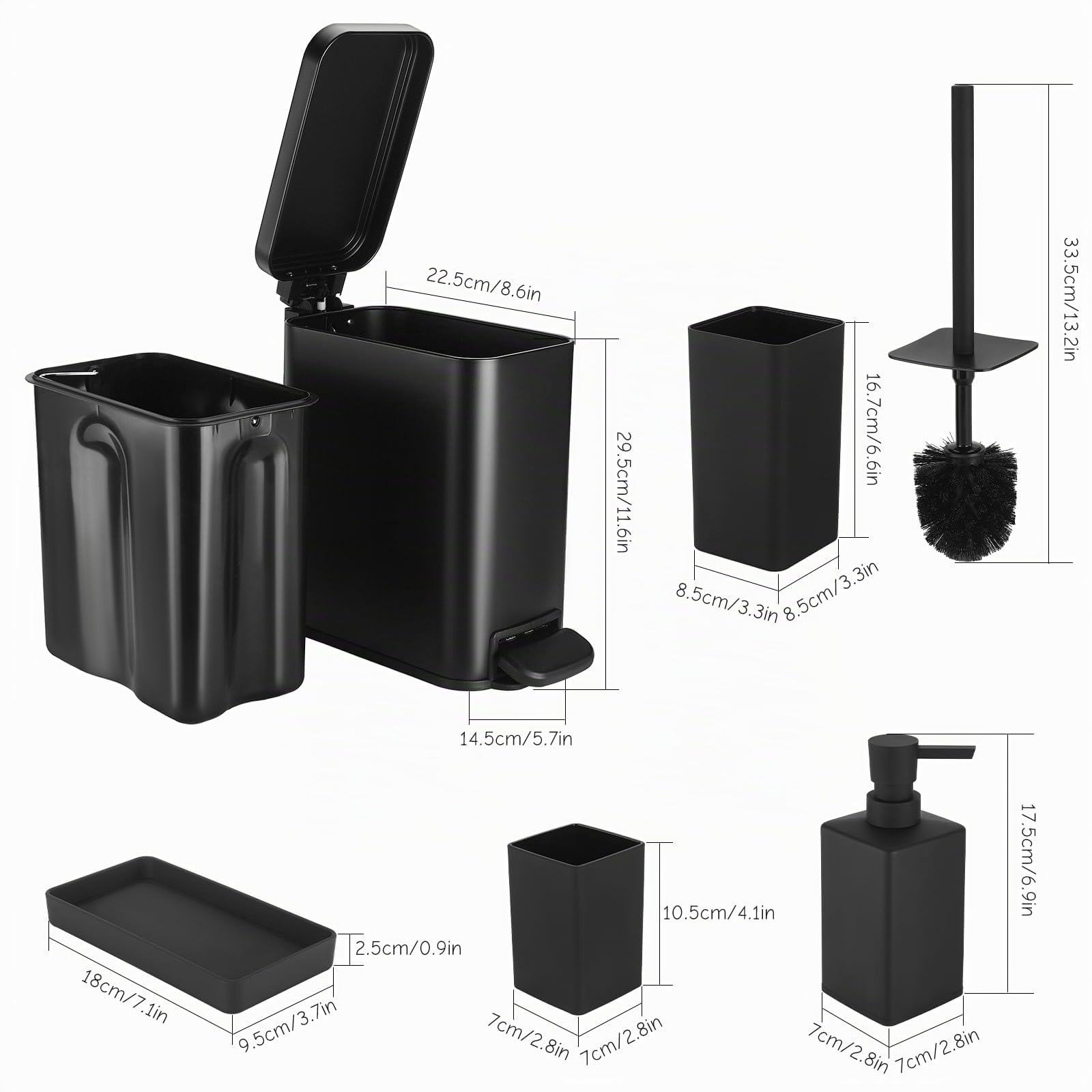 GAHEFY Badezimmer Accessoires Set 5-teilig – Edelstahl Mülleimer 5L mit Soft-Close Deckel, WC Bürste mit Halter, Seifenspender, Zahnbürstenhalter & Ablage – Matt Schwarz