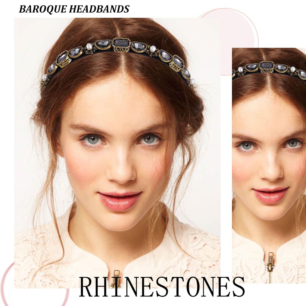 Baroque Rhinestones Headband Bling Crystal Head Bands Black Thin Pearl Hairbands for Women - Image 5