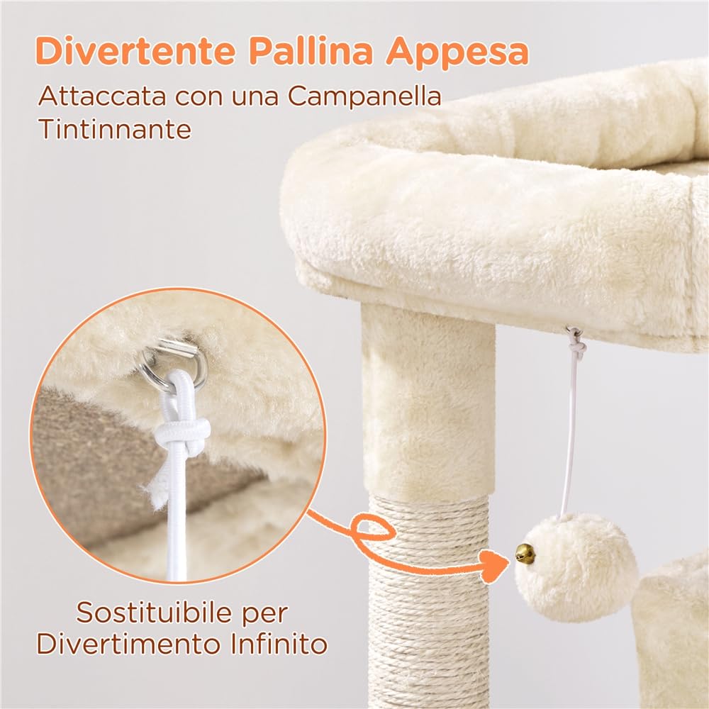 Tiragraffi per Gatti Altezza 92cm Albero con Trespolo Grande,Pompon,Casetta,Scala,Graffiatoi Gioco per Gatti Interni Grigio chiaro