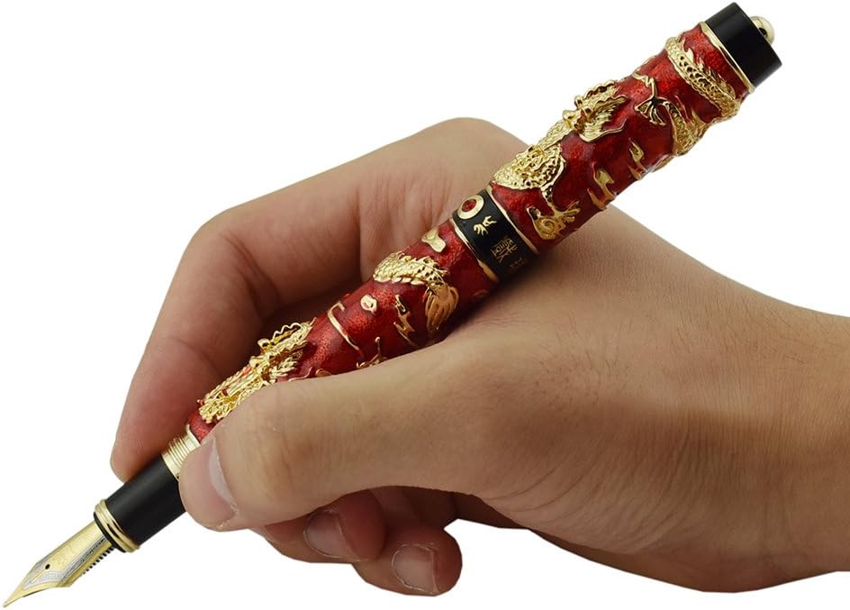 Jinhao Double Dragon Fountain Pen Medium Nib with Ink Refills Converter, Luxury Red Cloisonne Craft Gift Pen